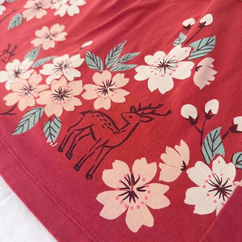 Tea Collection Dress Girls 7 Red Floral Long Sleeve Jumper Style Deer Fall